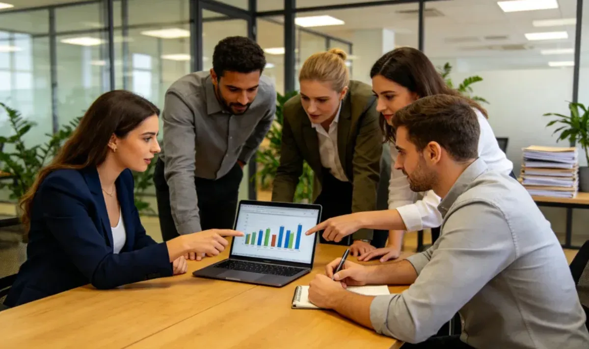 Cinq collègues commentent un graphique affiché sur un ordinateur portable