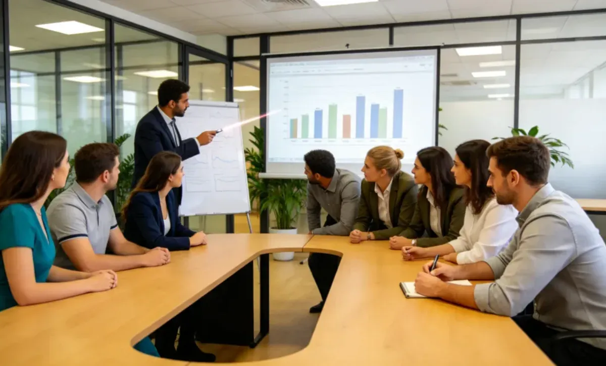 Un formateur présente un graphique à une équipe installée autour d’une grande table